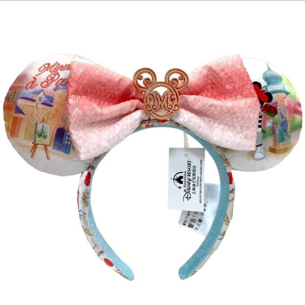 Disney Parks Epcot France Paris Rose Embroidered Minnie Mouse Ears Bow Headband